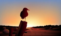 Illustration of the sunset view of the desert with a big bird